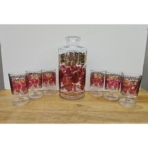 Vintage French Glass Liquor Decanter & 6 Cordial Glasses Grape Vines 1950/60s